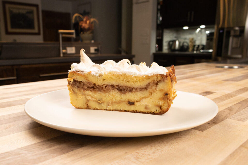 Žemlovka – Apple Bread Pudding on the plate, distance view from the side angle