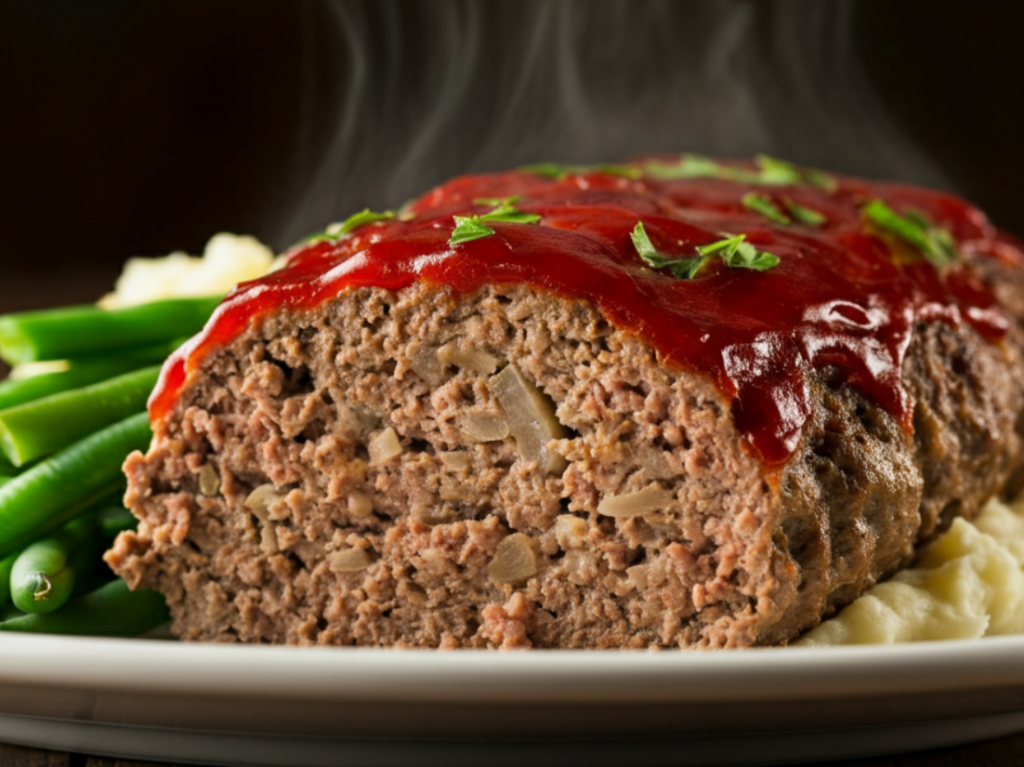 Classic Meatloaf with glaze on the platter with beans and mashed potatoes, side shot, black background