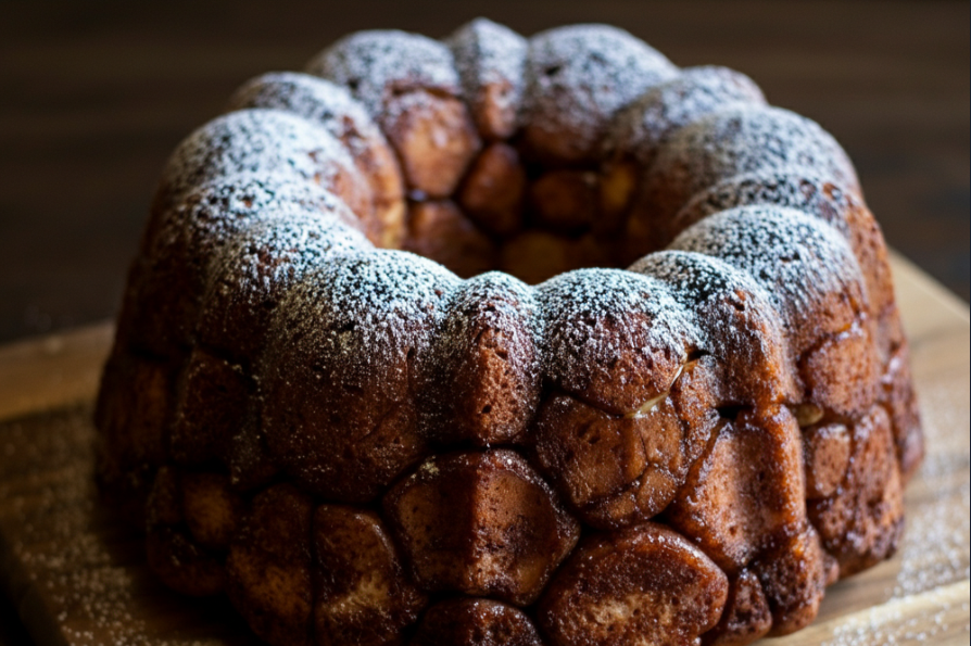 Detail on the easy monkey bread, side shot, on the cutting board, dark background