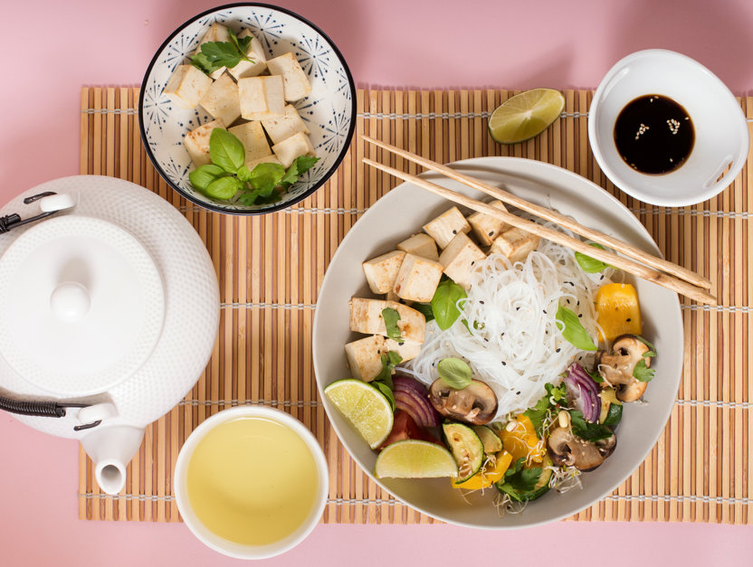 Bowl with tofu and rice noodles