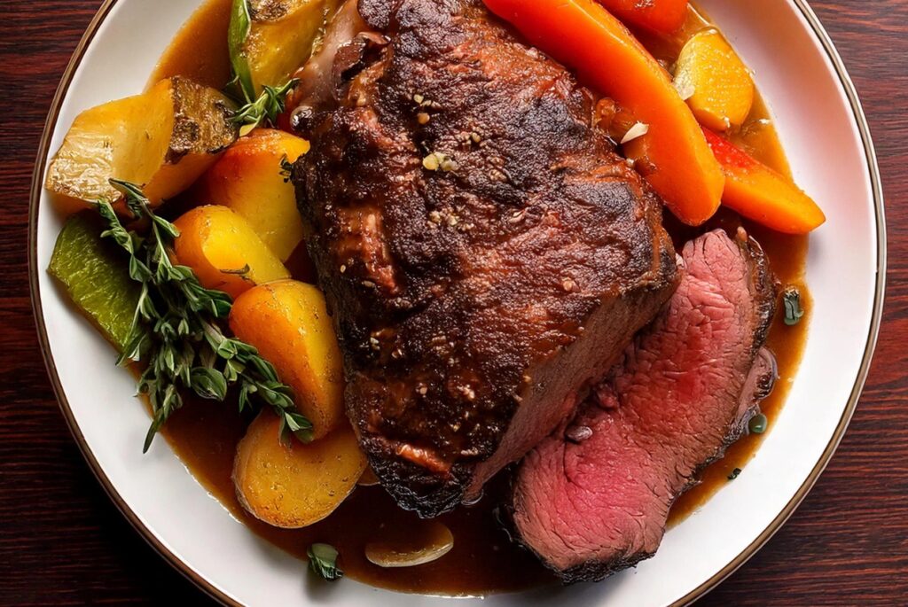 Classic Pot Roast on the plate, partially sliced, with vegetable and gravy, top medium distance view