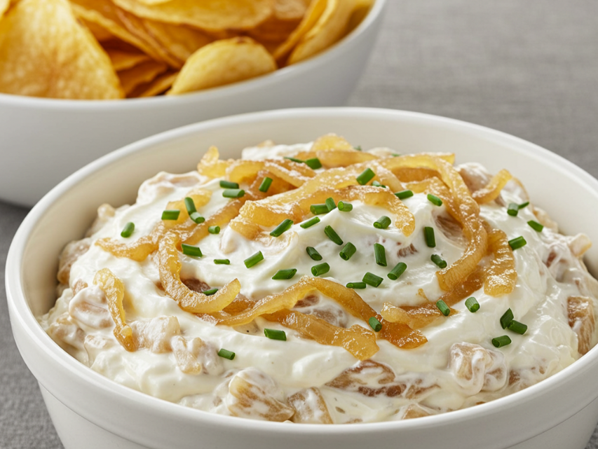 Easy French Onion Dip in the white bowl in close up shot with some potato chips ready i background