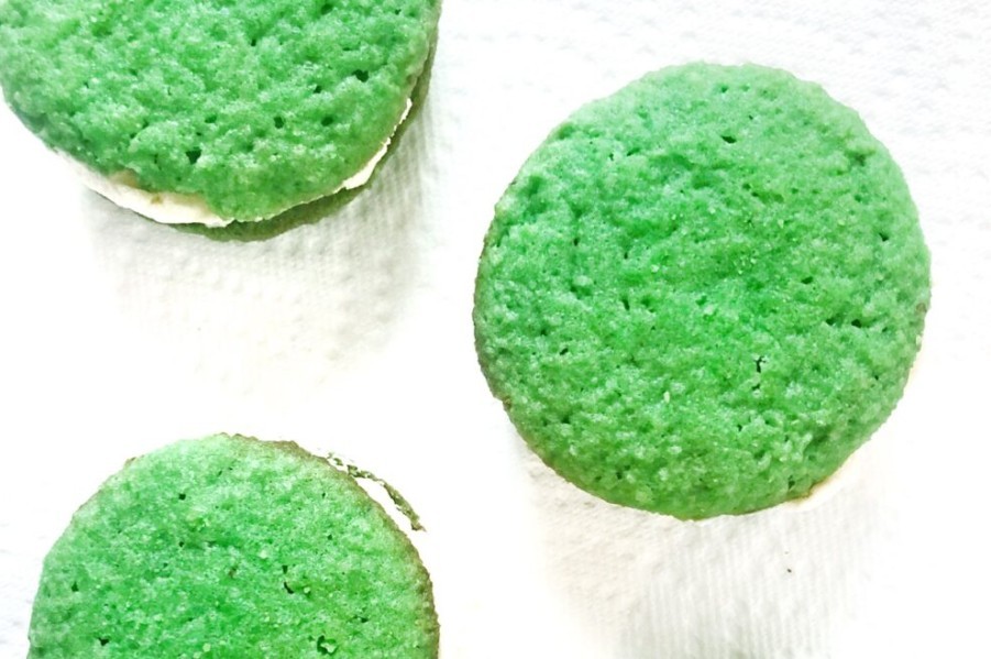 Keto St. Patrick’s Day Whoopie Pies on the white surface, top close up view