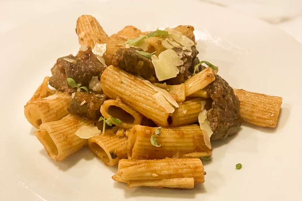 Steak & Roasted Red Pepper Sauce Pasta-close up side shot