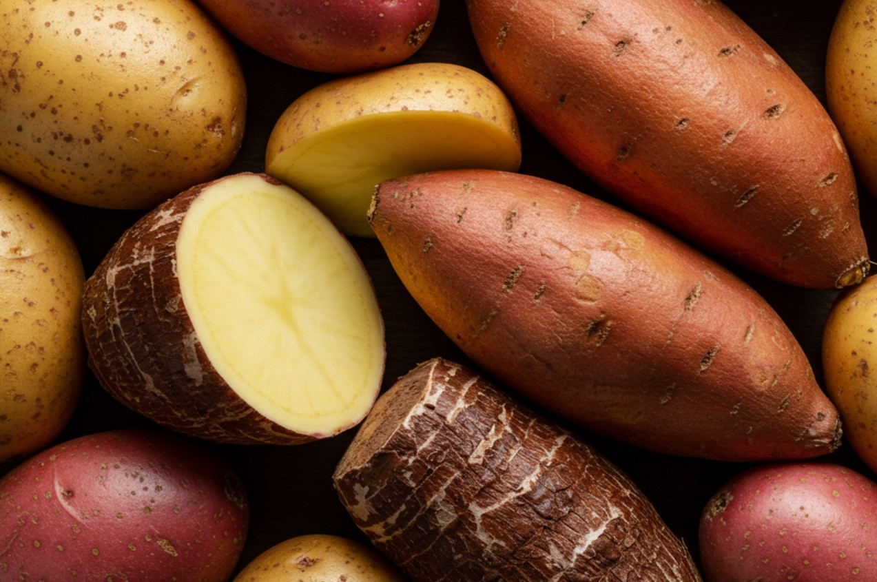 Types of tuber Vegetables potatoes, sweet potatoes and yams